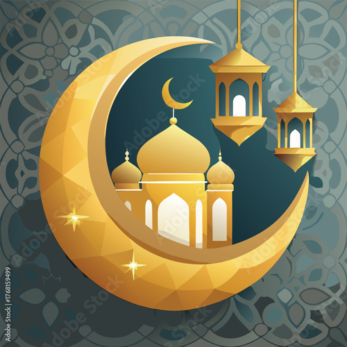 Golden Mosque with Crescent Moon and Star,Islamic Ramadan and Eid Mubarak Illustration