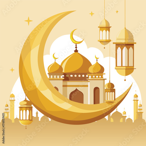 Golden Mosque with Crescent Moon and Star,Islamic Ramadan and Eid Mubarak Illustration