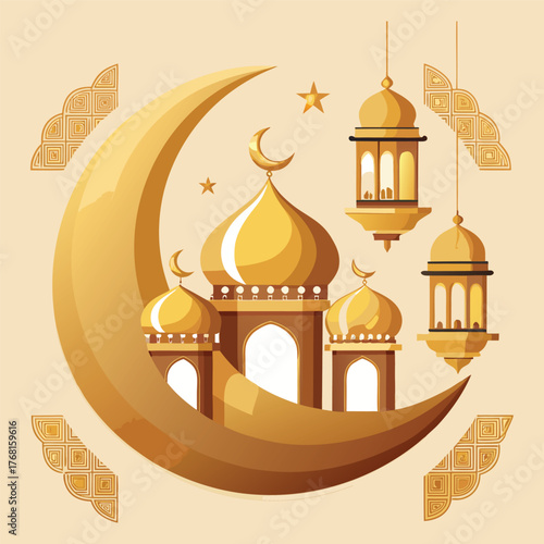 Golden Mosque with Crescent Moon and Star,Islamic Ramadan and Eid Mubarak Illustration
