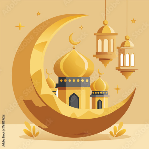 Golden Mosque with Crescent Moon and Star,Islamic Ramadan and Eid Mubarak Illustration