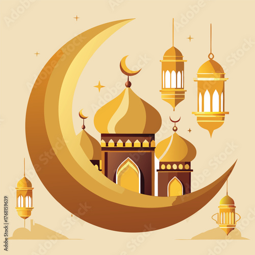 Golden Mosque with Crescent Moon and Star,Islamic Ramadan and Eid Mubarak Illustration
