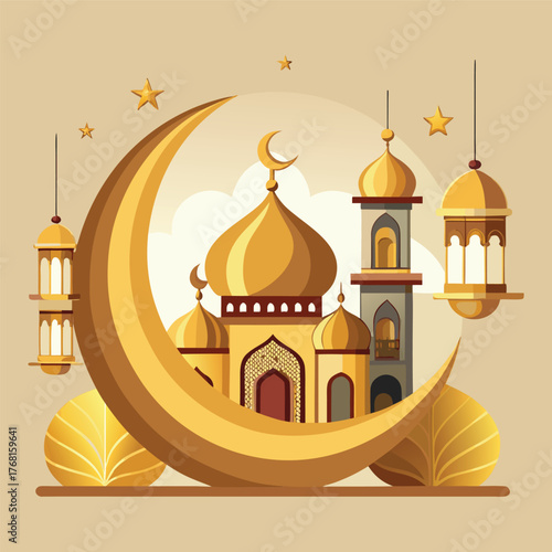 Golden Mosque with Crescent Moon and Star,Islamic Ramadan and Eid Mubarak Illustration