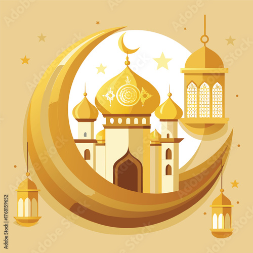 Golden Mosque with Crescent Moon and Star,Islamic Ramadan and Eid Mubarak Illustration