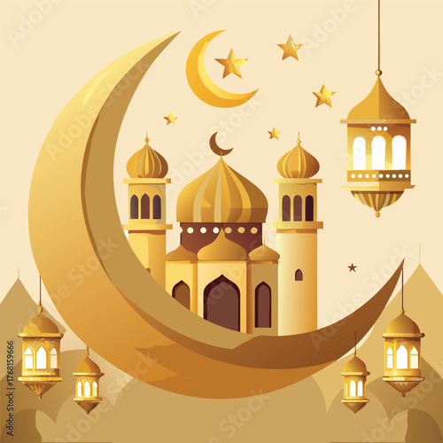 Golden Mosque with Crescent Moon and Star,Islamic Ramadan and Eid Mubarak Illustration