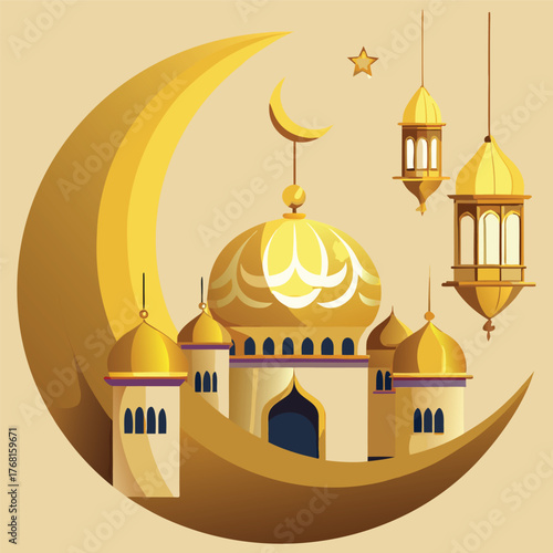 Golden Mosque with Crescent Moon and Star,Islamic Ramadan and Eid Mubarak Illustration