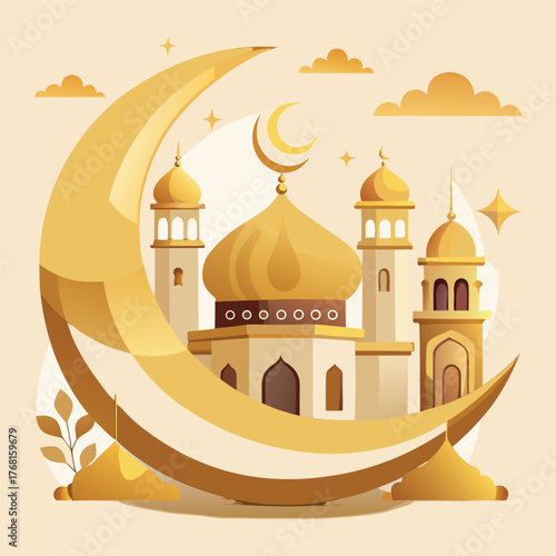 Golden Mosque with Crescent Moon and Star,Islamic Ramadan and Eid Mubarak Illustration