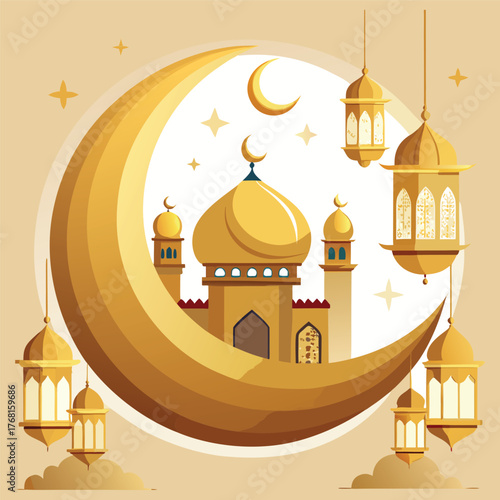 Canvas Print Golden Mosque with Crescent Moon and Star,Islamic Ramadan and Eid Mubarak Illust