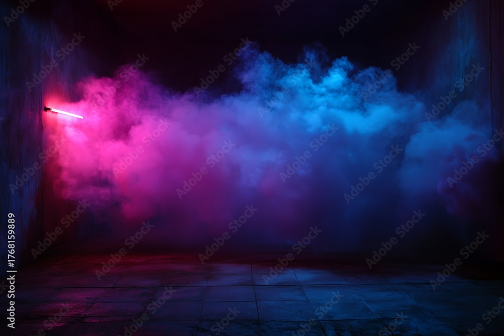 Obraz premium Empty dark room with neon lights and colorful smoke effects