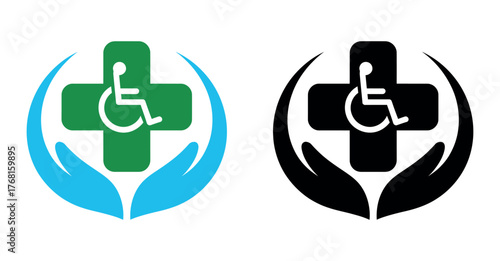 Two healthcare symbols are shown, one in green and blue, and the other in black, both representing medical assistance and accessibility.
