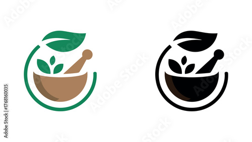 A mortar and pestle symbol with leaves representing natural medicine and herbal remedies.