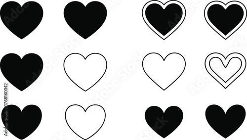 Set of Black Filled and Outline Heart Shapes with Borders Vector Icons