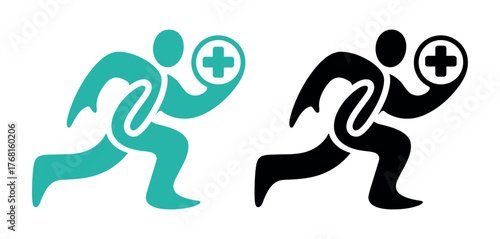A stylized figure in motion carries a medical cross symbol, representing health and urgency.