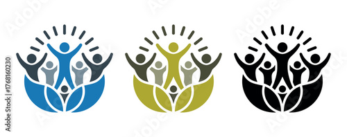 Diverse group of stylized people celebrate together with raised arms, symbolizing unity, community, and shared success.