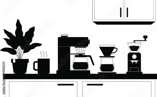 Coffee brewing methods and equipment on kitchen counter illustration