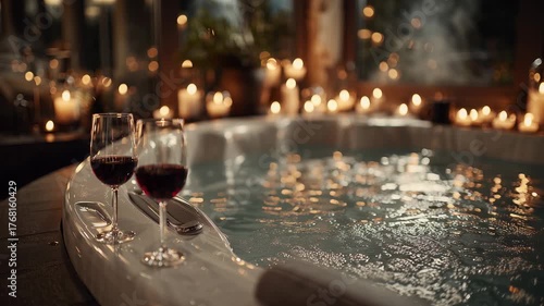 A serene indoor setting featuring a modern jacuzzi surrounded by glowing candles. Two glasses of red wine sit beside the warm water, creating a perfect atmosphere for relaxation and bliss.