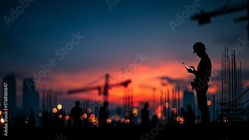 Construction Worker Silhouette Using Mobile Phone Against Sunset Sky