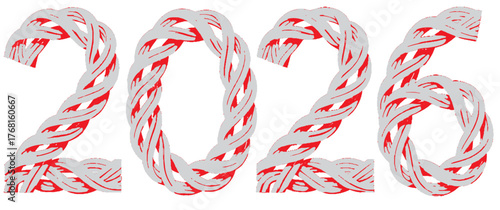 Vivid rope art of twisted white and red numerals forming the year 2026. This decorative, festive motif captures celebration, new year energy, and bold, modern design