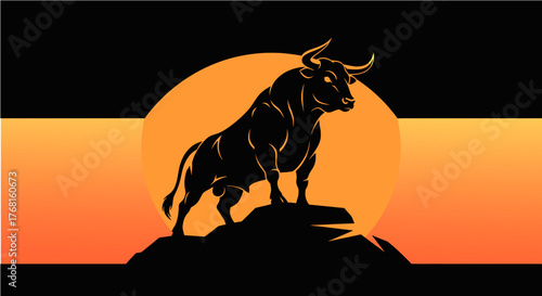 A powerful black bull silhouette stands proudly on a rock against a large orange sun.