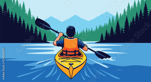 Kayaking adventure on a lake with mountains and trees illustration