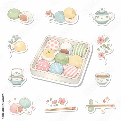 Colorful mochi and tea time illustrations