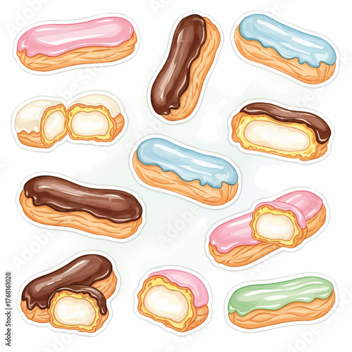 Colorful assorted cream filled eclairs