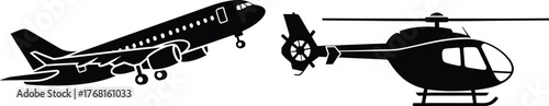 Airplane and helicopter vector illustration black and white design