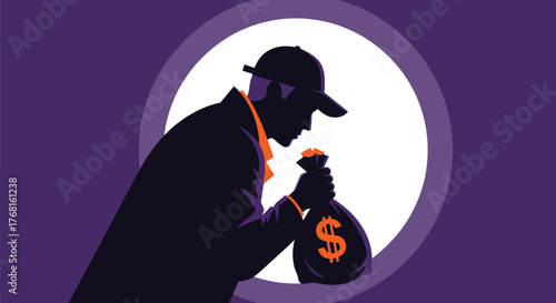 Illustration of thief with money bag concept of financial crime theft