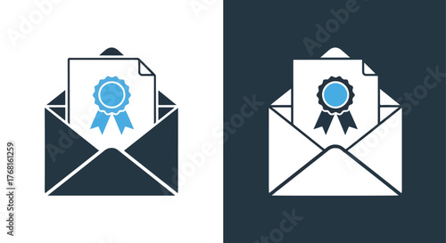 Award certificate document inside envelope icon set for web - Vector icon symbol for website - Icon vector - Blue icon