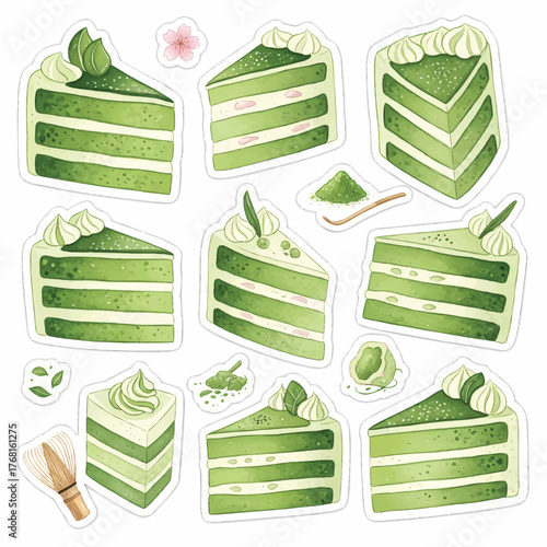Matcha green tea cake slices with leaves and powder