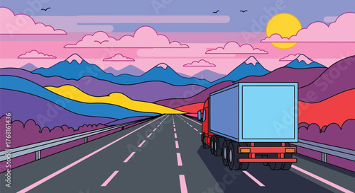 Trucking logistics and transportation on the highway with mountain view