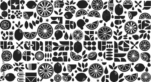 Black and white seamless pattern with lemons and citrus fruit design