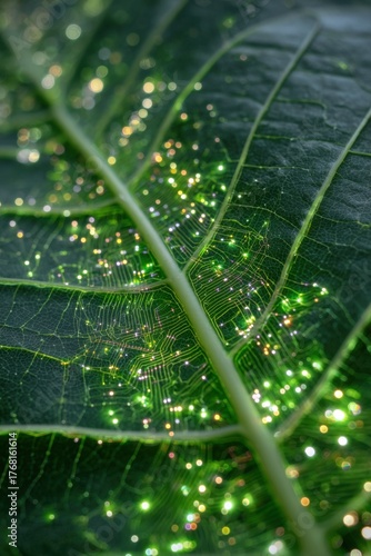 macro view of neon plant leaf showing digital pathways and glowing veins representing futuristic connection between organic life and artificial intelligence in nature inspired design