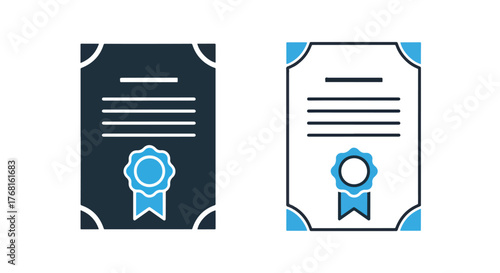 Two certificate icons with blue ribbons and seals for awards - Vector icon symbol for website - Icon vector - Blue icon