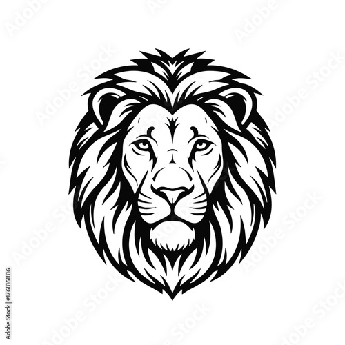Bold and detailed black and white of a majestic lion's face with a flowing mane, emphasizing strength and nobility