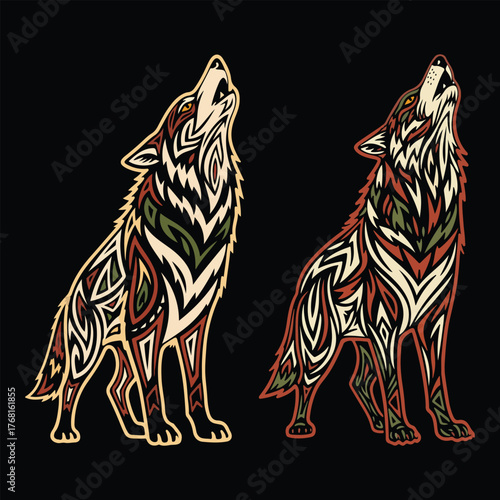 Decorative Howling Wolf Vector Art – Intricate Tribal Pattern Animal Illustration in Bold Ornamental Style