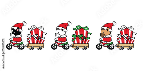 dog vector french bulldog christmas santa claus bicycle gift icon cartoon character puppy pet doodle symbol illustration isolated design