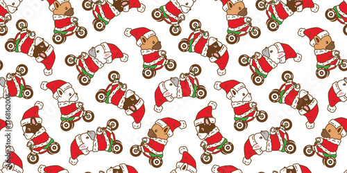 dog pattern seamless french bulldog Christmas Santa Claus hat bicycle riding vector pet cartoon doodle gift wrapping paper tile background repeat wallpaper illustration scarf isolated design