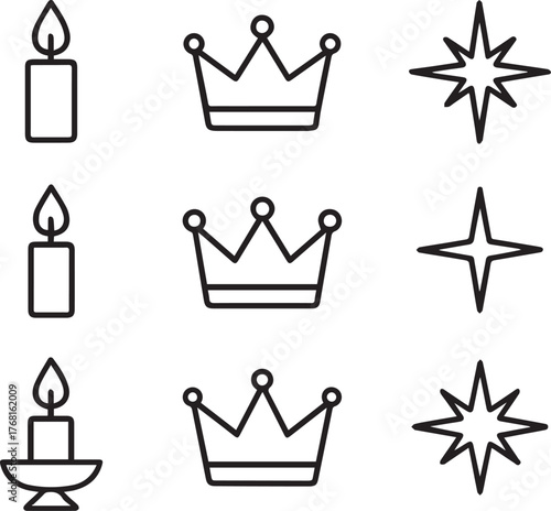 Simple Epiphany icon pack  9 Black minimal line drawings of candles, crowns, and stars..eps
