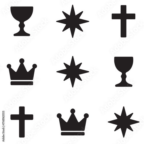 Stylized Epiphany religious symbol pack  9 gold gradient icons of chalice, star, cross, and crown..eps