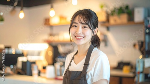ナチュラルな光の中で微笑むカフェスタッフ AI生成素材