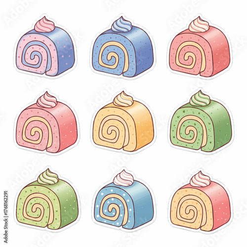 Colorful cartoon swiss rolls on white background