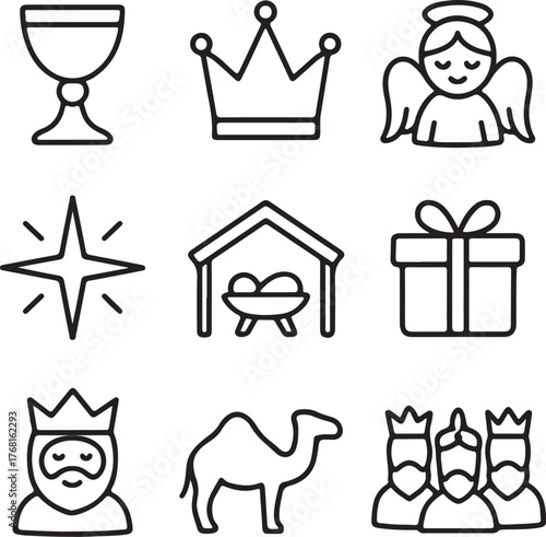 ?Elegant Epiphany Black outline icons ? 9 premium vector symbols chalice, crown, and angel.?.eps