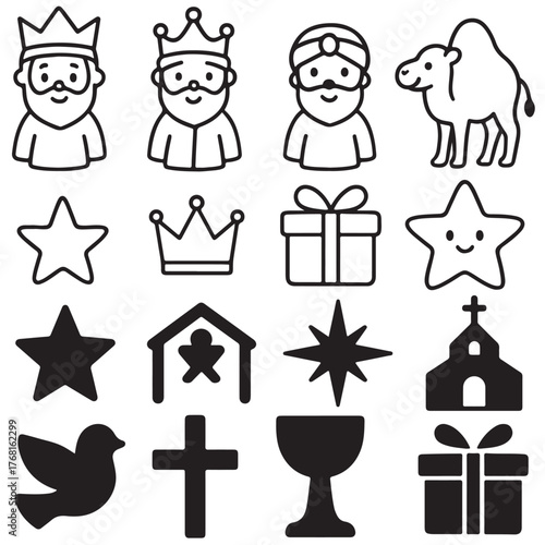 ?Cute Epiphany clipart pack 9 cartoon elementsThree Kings, camel, crown, gift, and star.?.eps