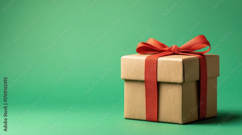 Fototapeta premium The gift box on the green background is paired with a green bow ribbon, which is elegant and festive, symbolizing the anticipation and joy of the festival.