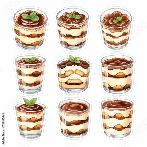 Set of Nine Delicious Tiramisu Desserts in Glass Cups Watercolor Illustration