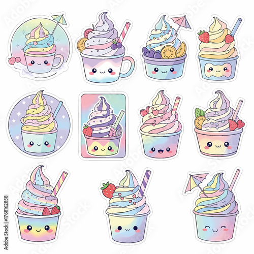 Kawaii Pastel Rainbow Soft Serve Ice Cream Sundae Sticker Set for Cute Design