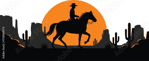 Silhouette cowboy riding horse in desert landscape at sunset vector