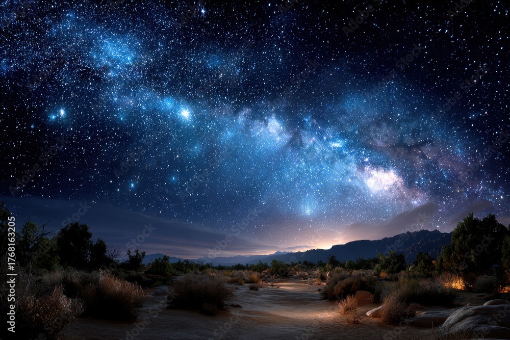 Fototapeta premium Starry night sky over desert landscape