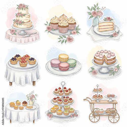 Elegant Watercolor Desserts Collection Cakes Macarons Cupcakes Tarts Patisserie Sweets Illustrations for Events