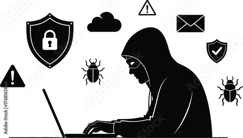 Cyber security threat hacker attack concept with virus and malware icon